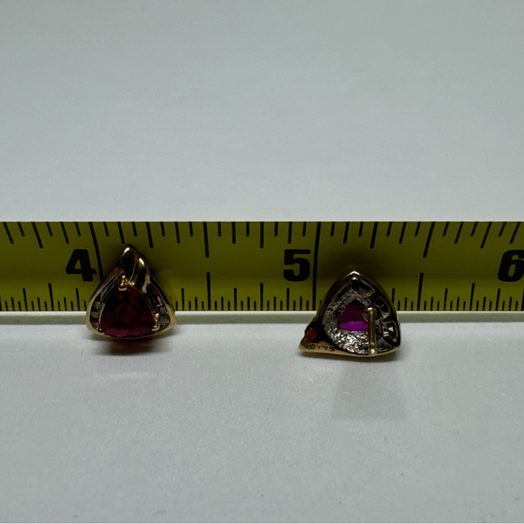 Ladies 10k Yellow gold Trillion Cut Ruby & Diamond Halo Stud earrings, 2.8g